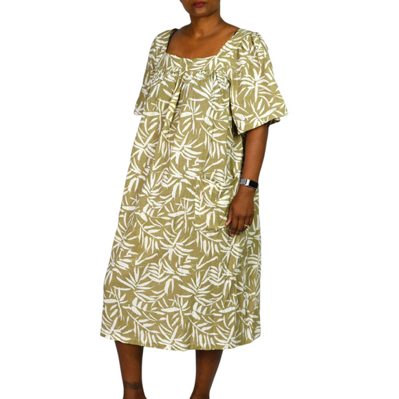 Vintage Patio Dress Tan Vermont Country Store Palm Leaf Muumuu Housedress Large - Picture 6 of 14